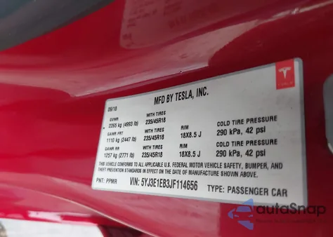 2018 Tesla Model 3 Long Range/Performance from USA, damaged, VIN 5YJ3E1EB3JF114656